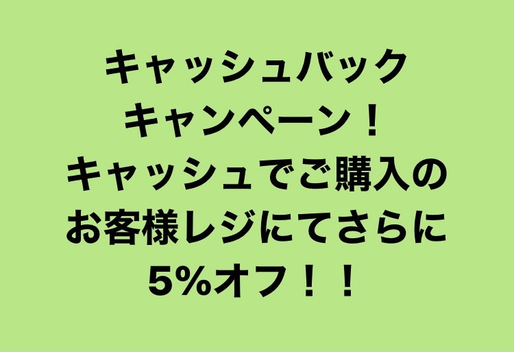 キャッシュでお買い上げでレジにて最大5%オフ！！