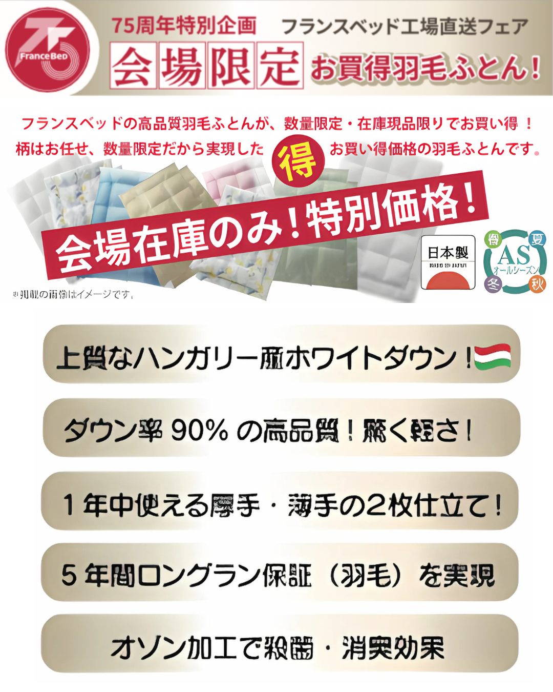 会場限定特別企画！フランスベッド工場直送！お買い得羽毛ふとんセール