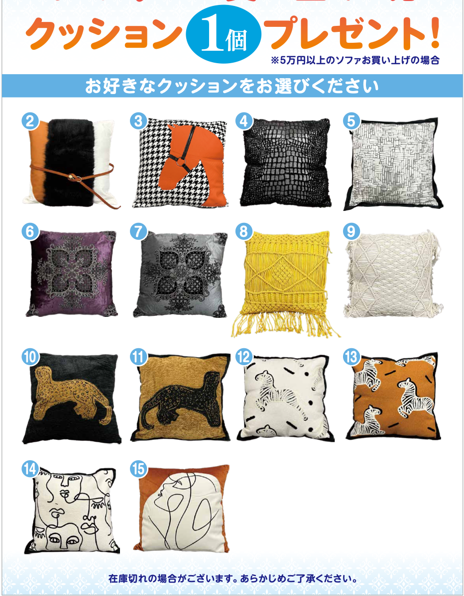 5万円以上のソファお買い上げのお客様にお好きなデザインクッションプレゼント！