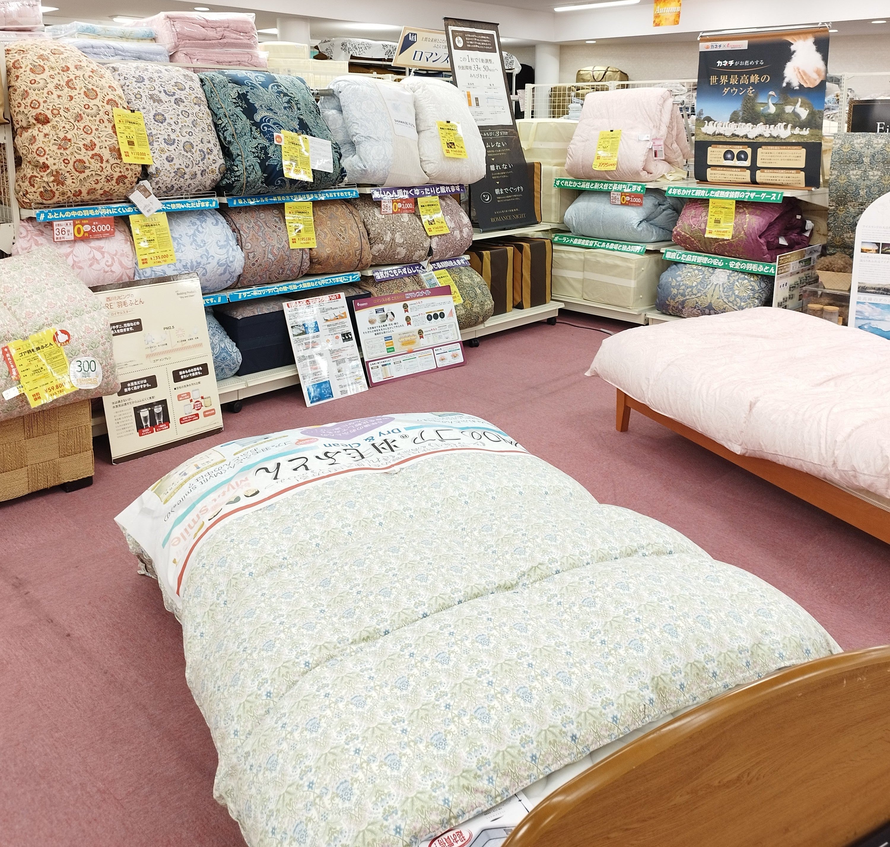 【羽毛ふとん】
寒い冬に備えて、まずはカネチで羽毛ふとんをご覧ください。