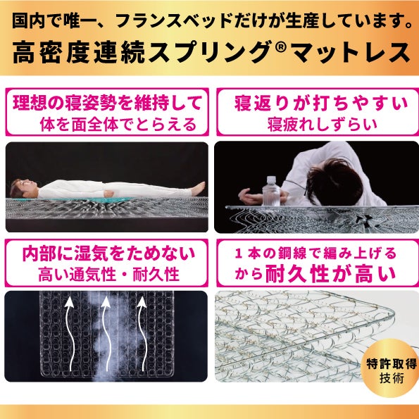 高密度連続スプリング®マットレスは、厳しい品質管理のもと
国内で唯一、フランスベッドだけが生産しています。
