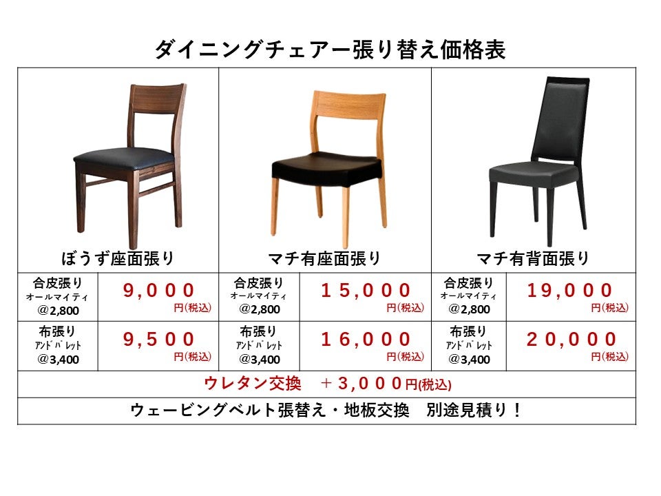 ダイニングチェア張替え価格例