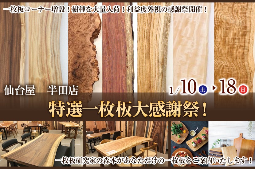 特選一枚板大感謝祭！in仙台屋半田店