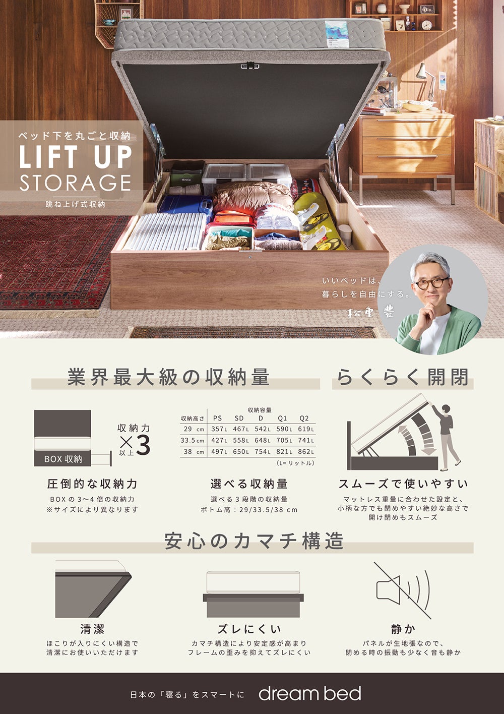 圧倒的収納力の跳ね上げ式ベッド