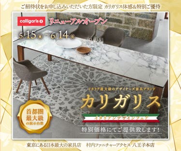 WEB限定『体感＆特別ご優待 イタリアンデザインフェア カリガリス』東京にある日本最大の家具店 村内ファニチャーアクセス八王子本店  八王子インターから1分
