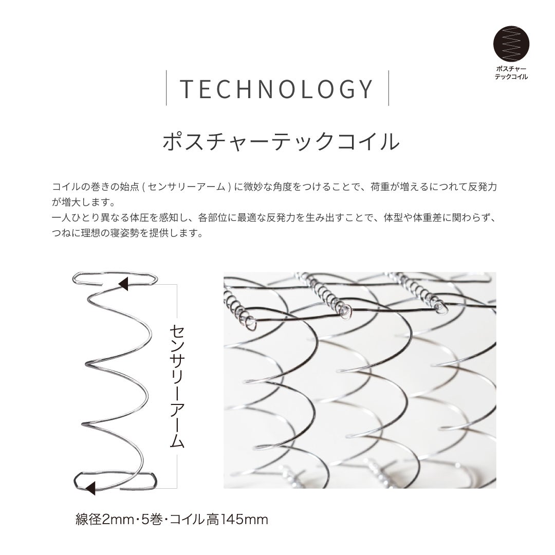 マットレスには身体の凸凹や体圧にあわせて
反発力が変化する『ポスチャーテックコイル』を使用。
