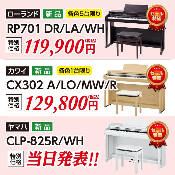 エントリークラスからスタンダードモデル迄、電子ピアノお買い得品目白押し！
高いコストパフォーマンスで人気のローランドRP701などの人気のエントリークラスの電子ピアノも多数ご用意！
現品特価商品・中古電子ピアノ商品も台数限定展示